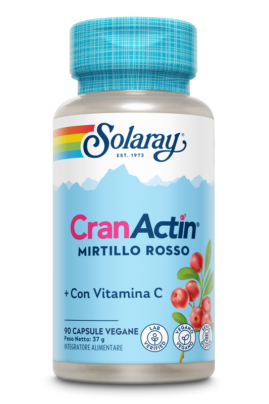 Integratore Solaray CranActin Mirtillo Rosso per donne con vitamina C, frutti di bosco e informazioni dettagliate sul prodotto.