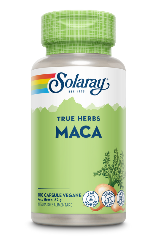 Una confezione verde di capsule Solaray Maca Peruviana con immagini della radice di maca e simboli di certificazione vegana.