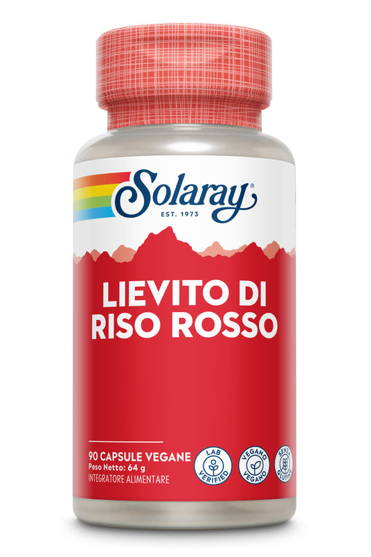 Una confezione di Solaray Lievito di Riso Rosso con etichetta rossa e 90 capsule di integratori vegani in esposizione.