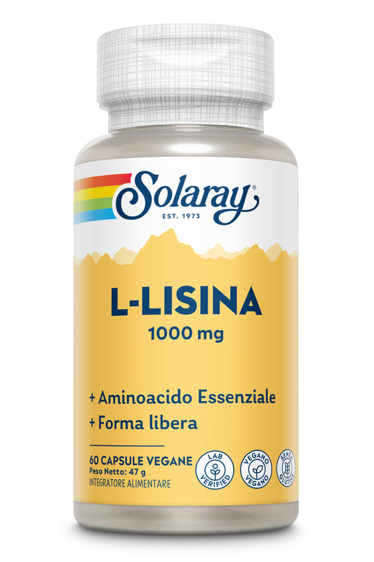 Solaray L-Lisina 1000mg, integratore vegano, bottle with yellow label and blue text.