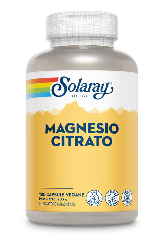 Solaray Magnesio Citrato — integratore di magnesio chelato, riduce la stanchezza, 180 capsule vegane, etichetta gialla.