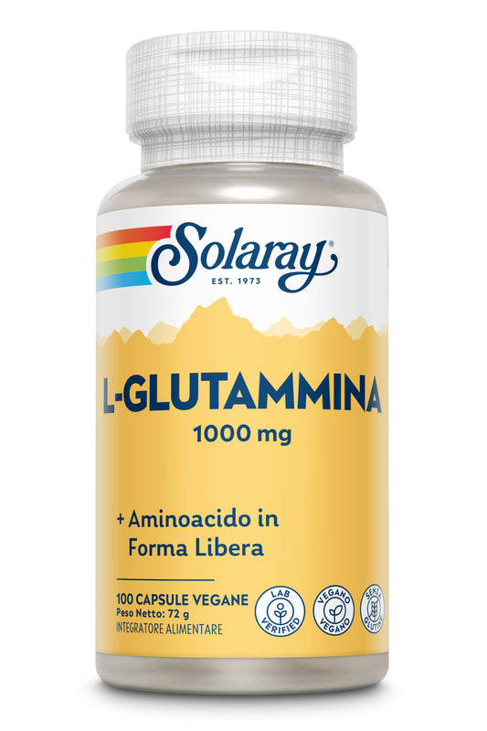 Un flacone di Solaray L-Glutammina con etichetta gialla e scritte blu, capsule vegane da 1000 mg.
