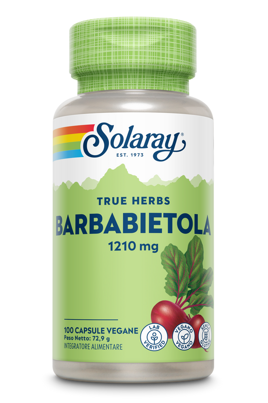 A bottle of Solaray Barbabietola Rossa 1210 mg vegan capsules, label features a beet image.