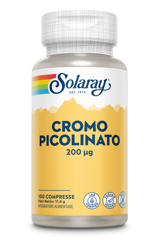 Una confezione di Solaray Cromo Picolinato da 200 µg con un'etichetta gialla e bianca.