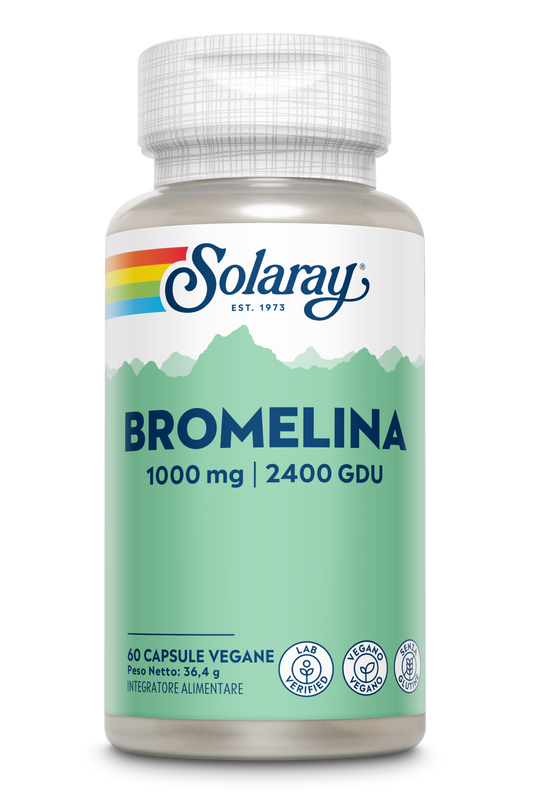 Solaray Bromelina, 1000 mg, 60 capsule vegane — enzima proteolitico con etichetta verde e bianca.