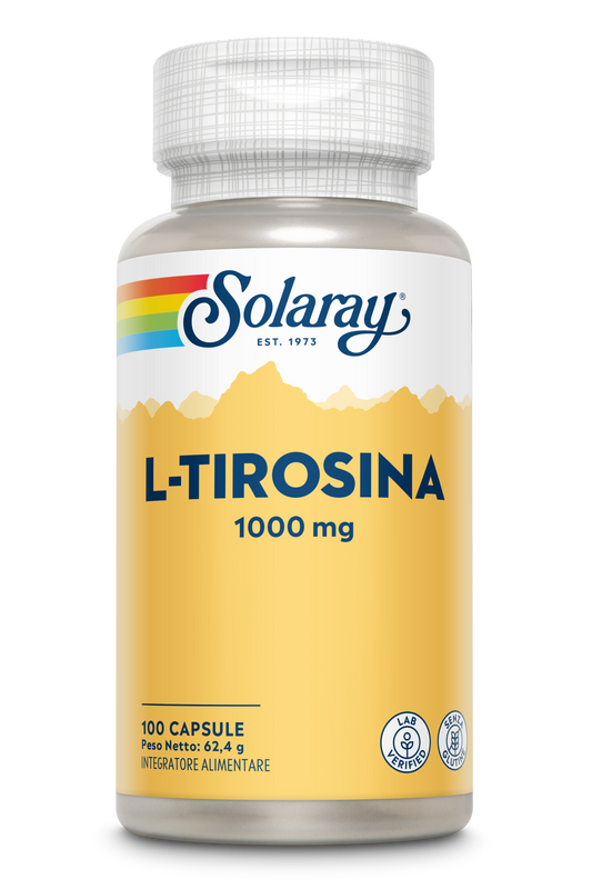 Solaray L-Tirosina, integratore alimentare da 1000 mg, flacone con etichetta gialla e tappo bianco.