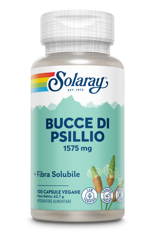 Una confezione di Solaray Buccia di Psillio, etichetta verde con disegno di una montagna, 1575 mg di fibra solubile, integratore vegano.