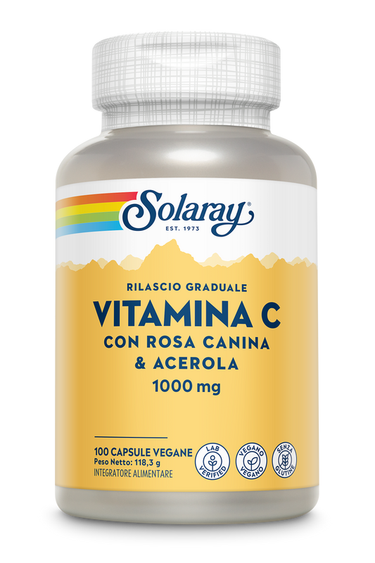 Solaray Vitamina C a rilascio graduale, etichetta gialla, design arcobaleno, 100 capsule vegane.