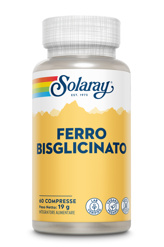 Un flacone di Solaray Ferro Bisglicinato con etichetta gialla contiene 60 compresse vegane per l'apporto giornaliero di ferro.