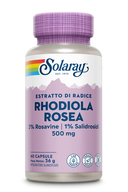 Un flacone di capsule di Rhodiola Rosea Solaray con un'etichetta viola e il caratteristico logo arcobaleno del marchio.