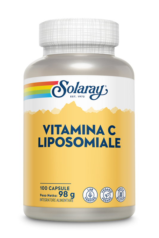 Solaray Vitamina C Liposomiale, 100 capsule vegane, etichetta gialla, 98 g, raffigurata su sfondo bianco.